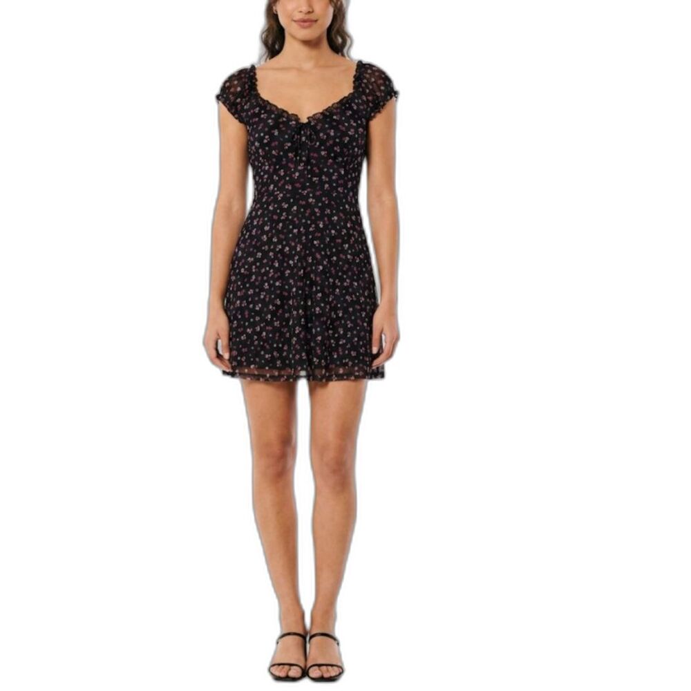 Arula NWT Womens Black Pink Floral Mesh Cap Sleeve Smocked Back Mini Dress 14-16